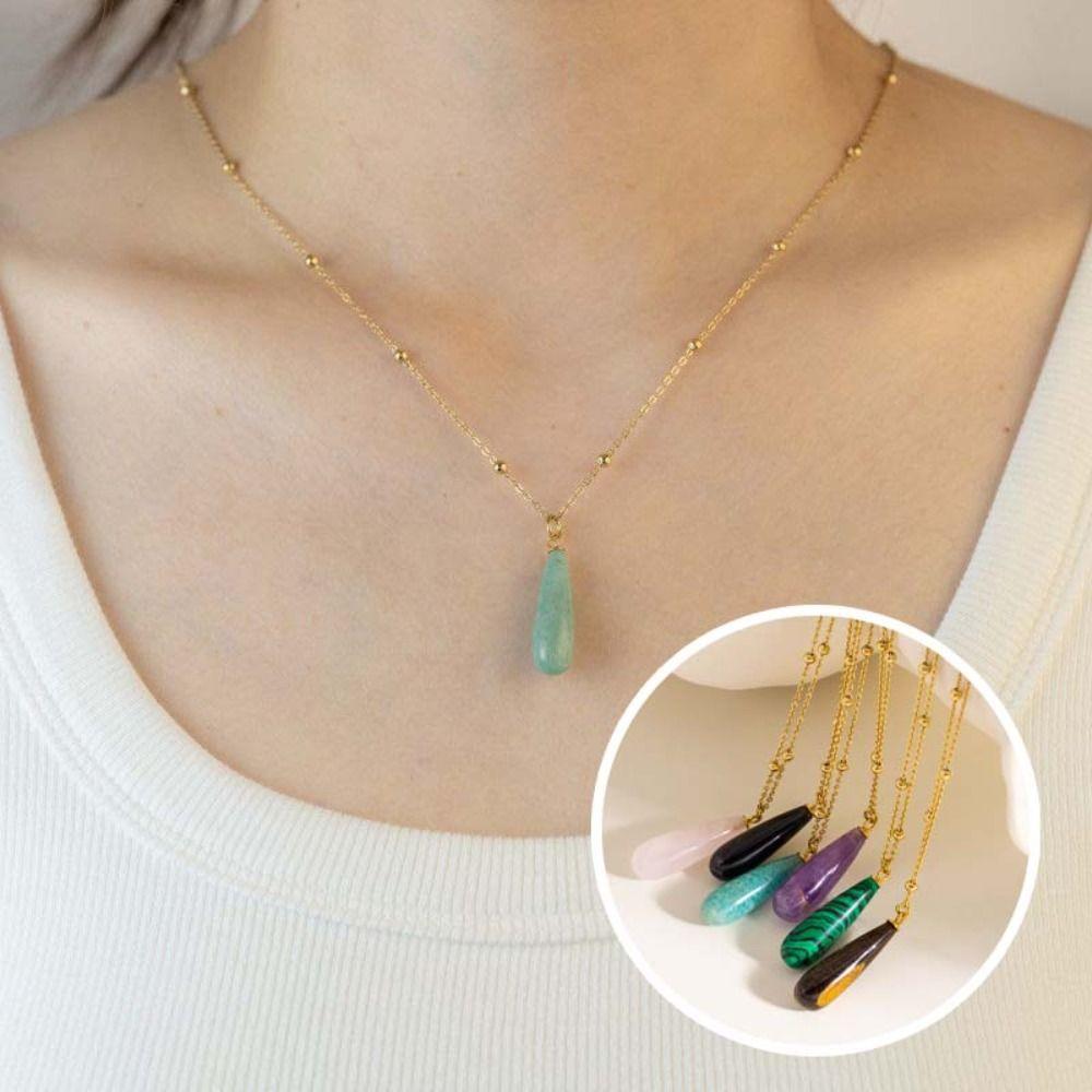 Creative Colorful Stone Necklace Natural Women Choker Retro Waterdrop Pendant Necklace  Gift