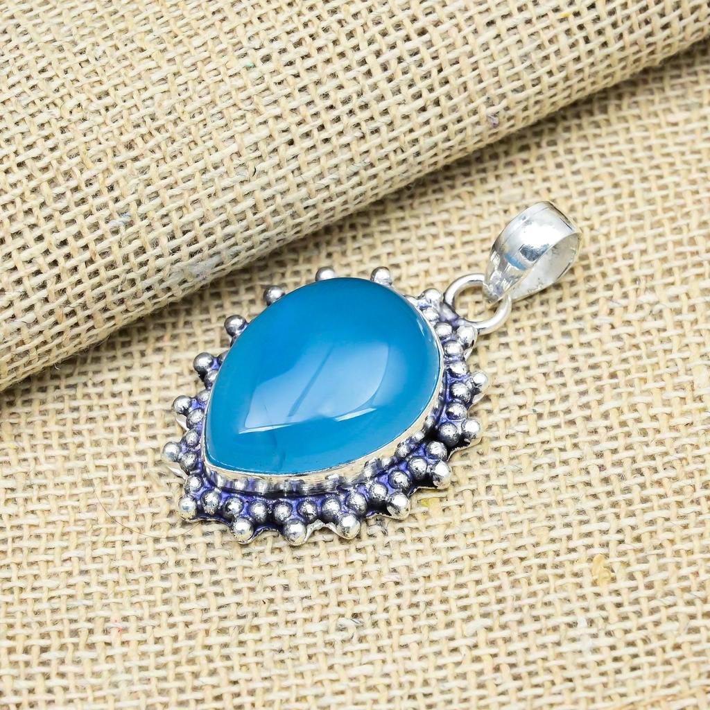 Blauer Chalcedon Edelstein 925 Massiv Sterlingsilber Handgefertigter Schmuck Anhänger Für Thanksgiving Geschenk