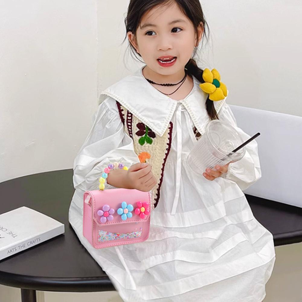 Cute Flowers Children's Handbags Messenger Bag Sweet Girls Pearl Shiny Kids Shoulder Bag Cartoon PU Leather Crossbody Bags