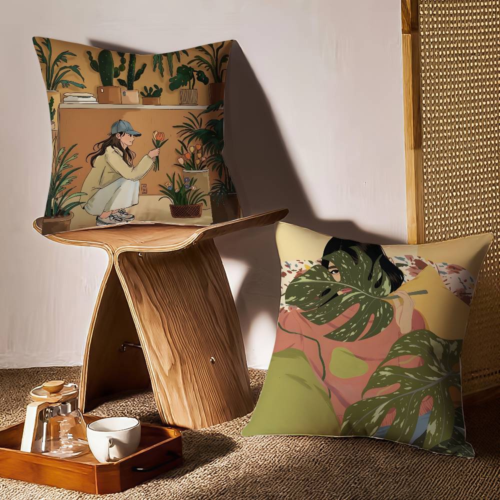 Elegante Einfache Blumenzüchtendes Mädchen Kissenbezug Druck Kissenbezug Wohnzimmer Sofa Kissenbezug Schlafzimmer Zimmerdeko
