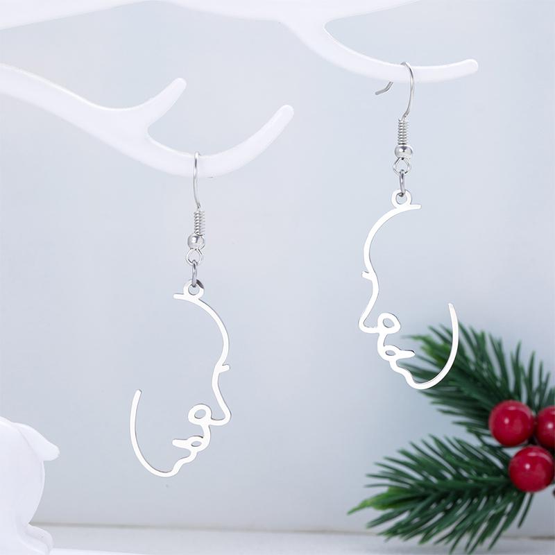 Fashion Silver Color Hollow Abstract Face Dangle Earrings Stainless Steel Earrings For Women Hip Hop Jewelry