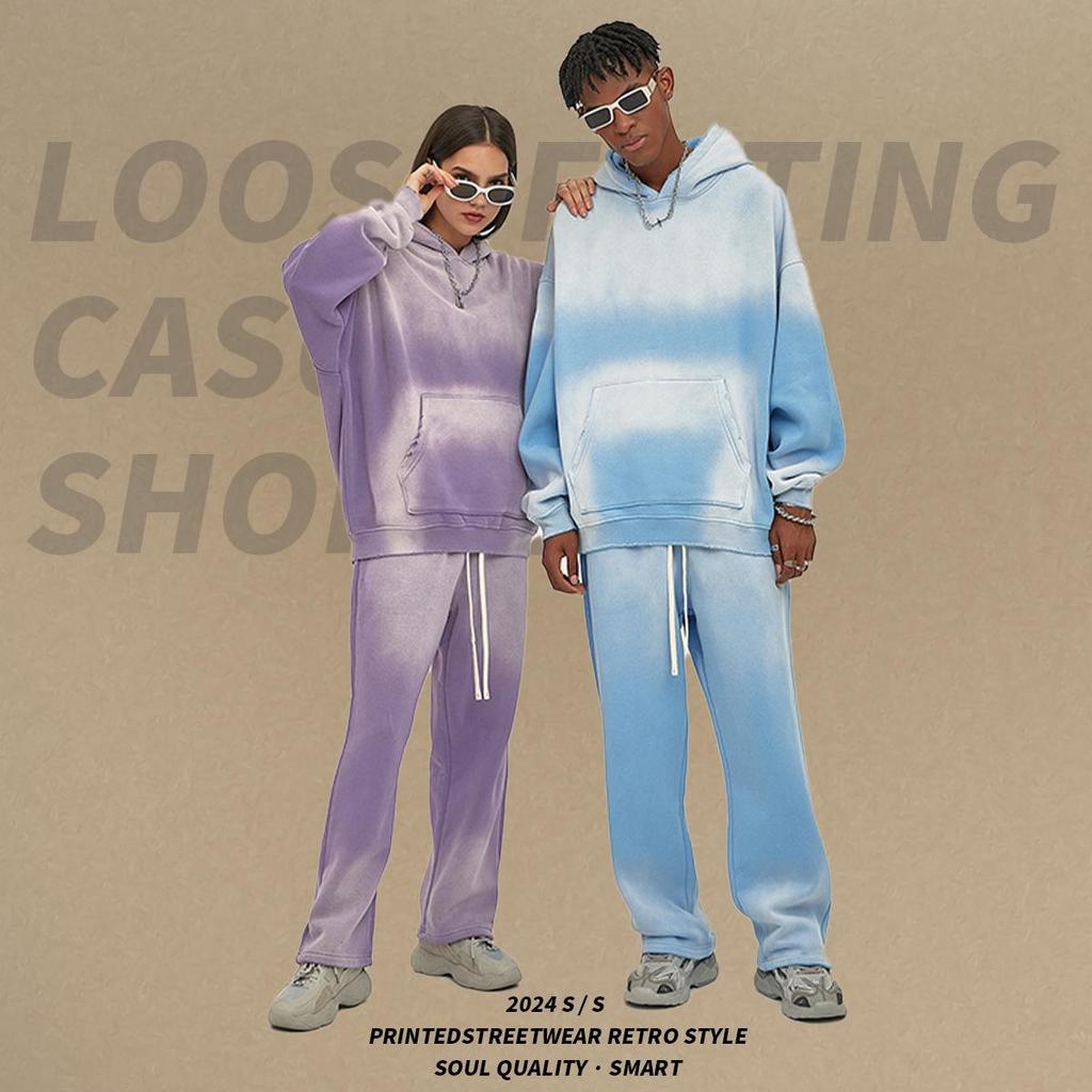 2024 A/W Distressed Spray-Dyed Hooded Sweatshirt & Sweatpants Set - Retro Streetwear Trend for Couples
