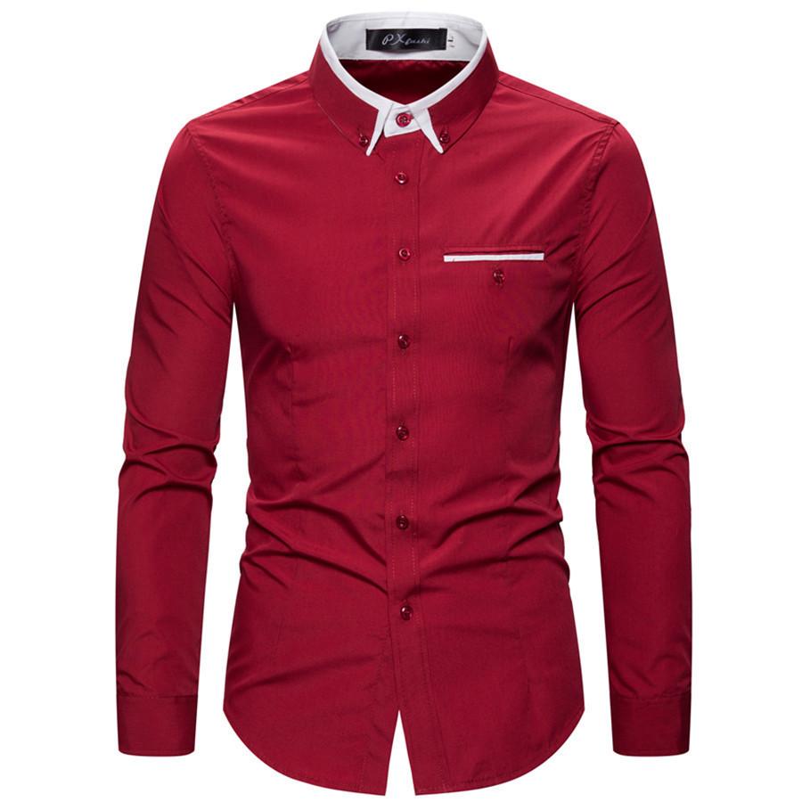Men's Autumn Fashion Double Collar Solid Color Slim Fit Long Sleeve Shirt
