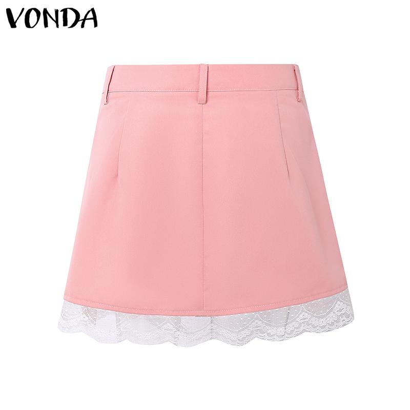 VONDA Summer Women Button Zip-up Waist Lace Patchwork Ruffled Casual Mini Skirts