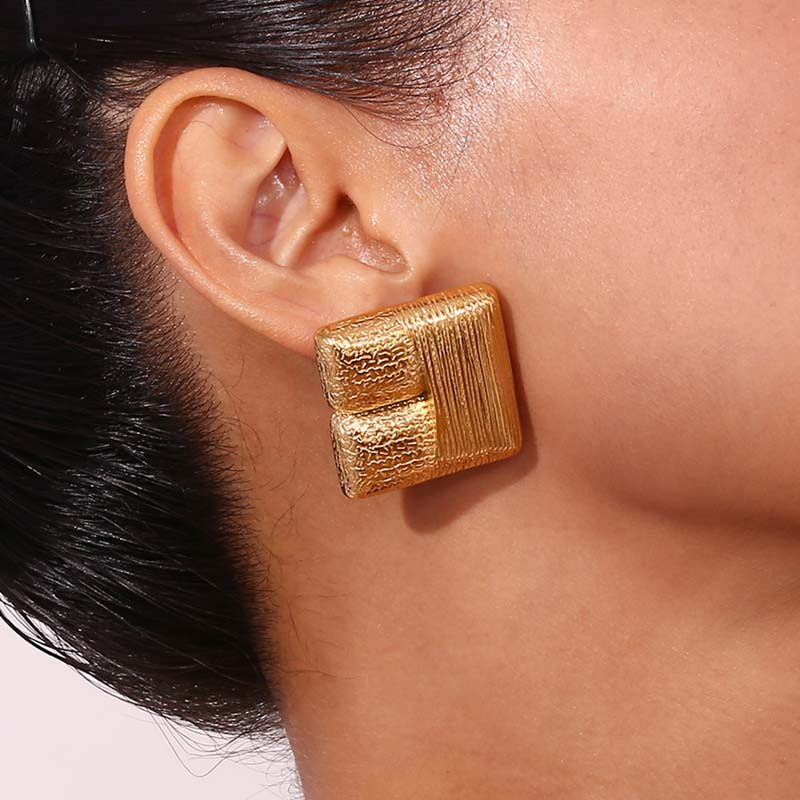 Stainless Steel Geometric Square Stud Earrings for Women Exaggerated Gold Color Irregular Textured Earrings Jewelry Party Gifts