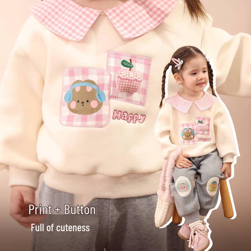 LUSON Xiao o Ba Girls' Fleece-Lined Cartoon Turn-Down Collar Sweatshirt
