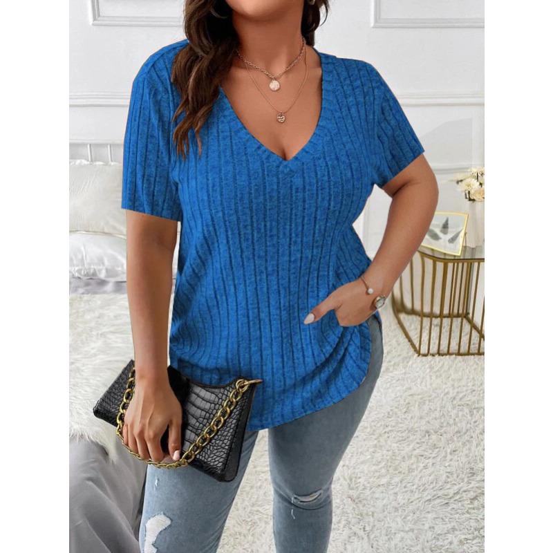 Frühling und Sommer Reine Farbe Elegant Top V-Ausschnitt Rippstrick Pullover Kurzärmelig Übergröße Damen T-Shirts