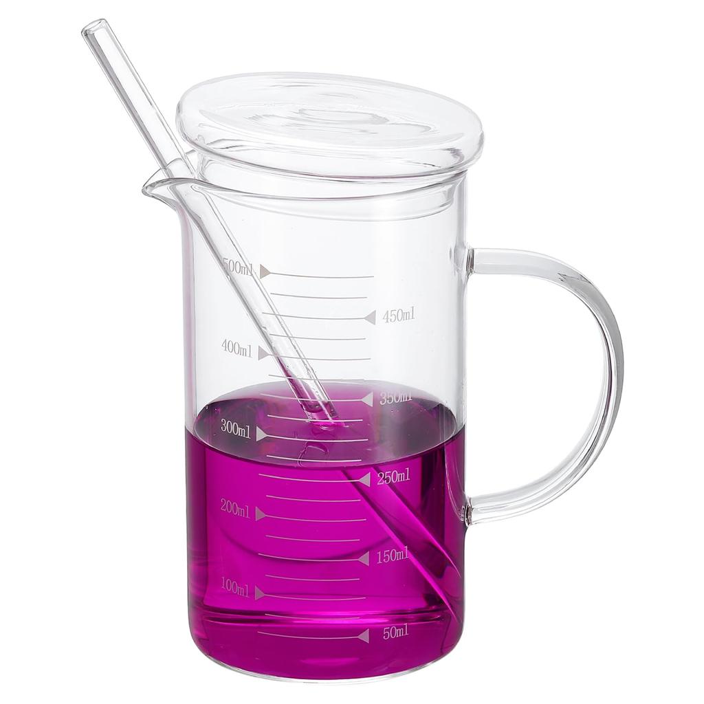 PATIKIL 500ml Glass Measuring Cup, Borosilicate Glass Beaker, Graduated Liquid Measuring Cup, Glass Lid with Straw, V-shaped Spout, for Kitchen and