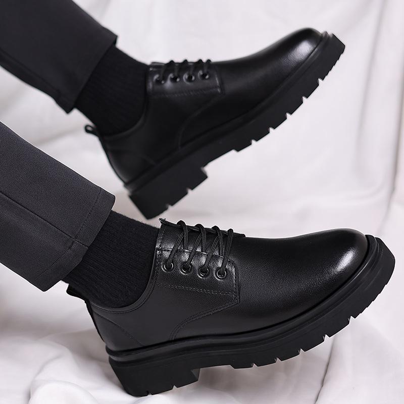 Men's Black Leather Derby Shoes, Casual Spring Style with Thick Soles, Low-Top Formal Wedding Martin Boots.