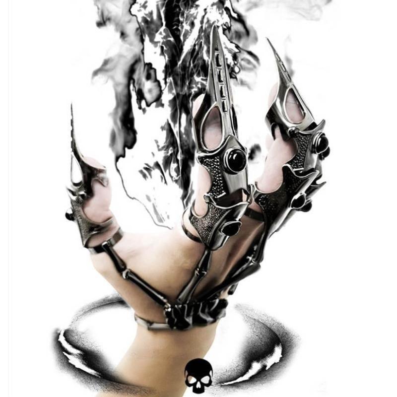 Gotycki Punk Rękawica Ręka Szkieletu Regulowany Metalowy Pazur Palca Szkielet Pełne Pierścienie na Palce na Halloween Cosplay i Imprezę