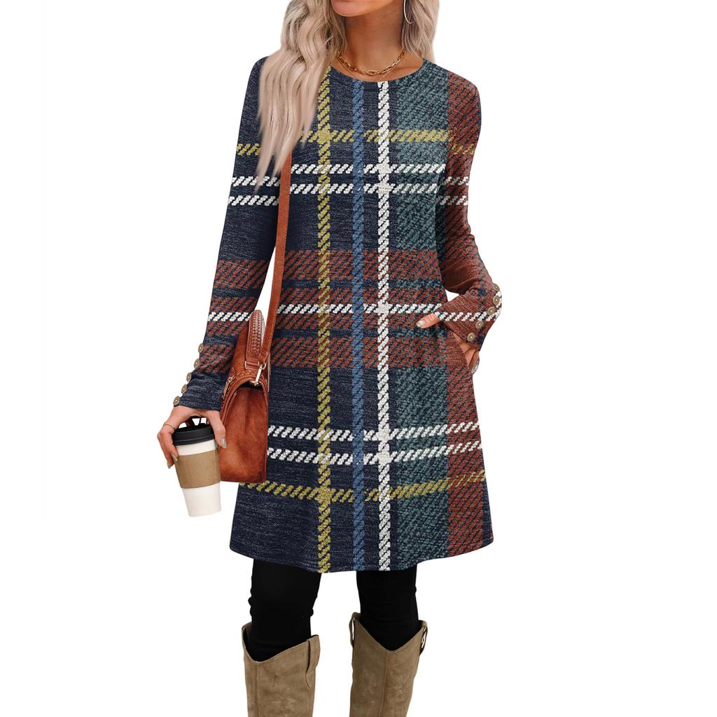 Abito Casual da Donna alla Moda con Tasche, Bottoni Decorativi, Scollo Rotondo e Maniche Lunghe