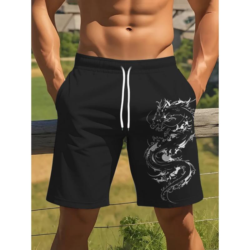 Men's Chinese Dragon Print Shorts - White Line Dragon Pattern Suitable for Daily Wear