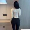 Big Breasts Hot Girl Sexy Pure Desire Straps Tight Long-sleeved T-shirt Hanging Neck Hollow Low-cut Short Square Collar Top Women