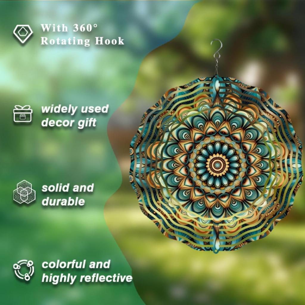 Metal Wind Spinner Autumn Flower Mandala Design in Teal Gold Brown for Garden Patio Balcony Decor All Season Outdoor Wind Chime