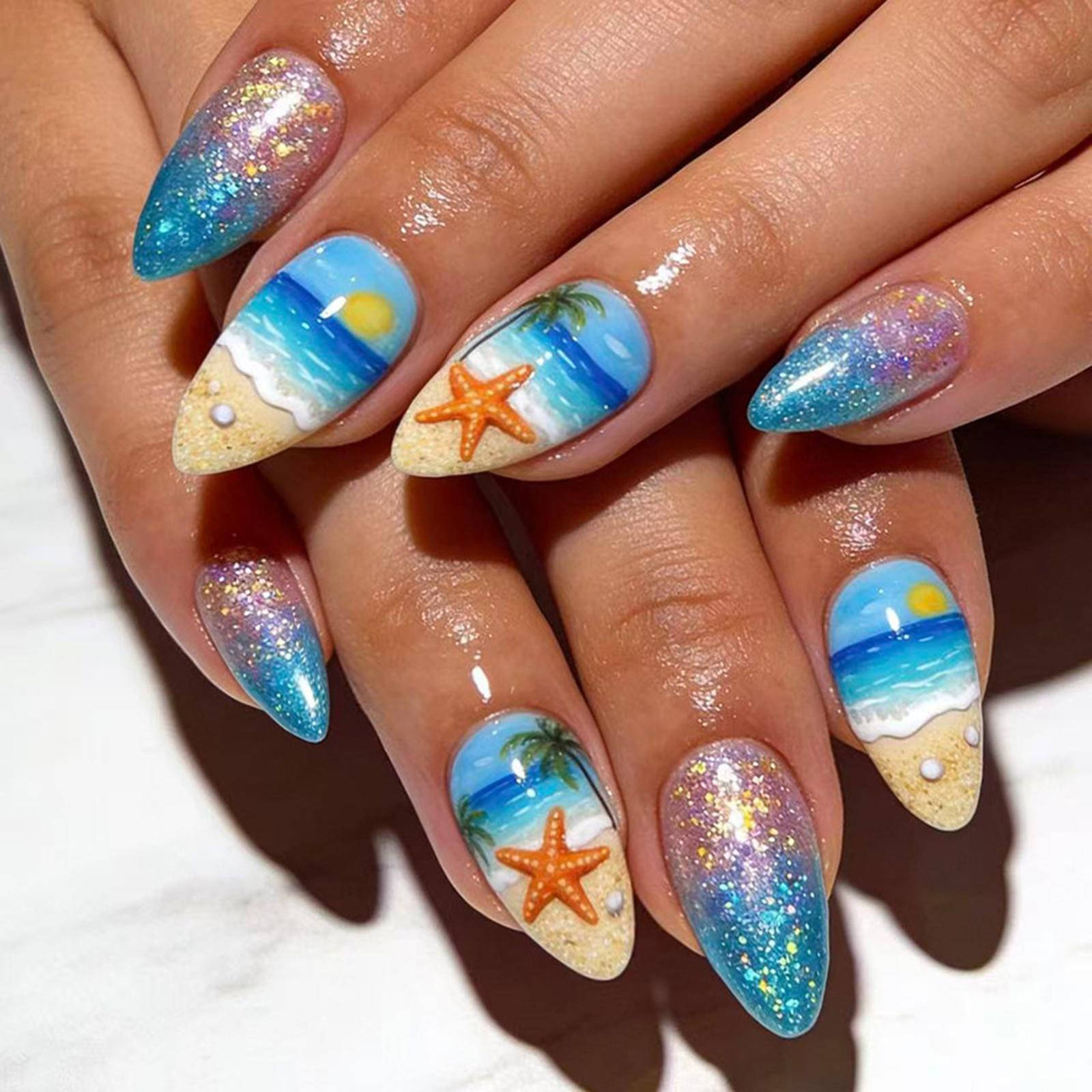 Blue Gradient French Glitter-Starfish Nail Tips 24 Pieces Wearable False Nails A красный/чёрный