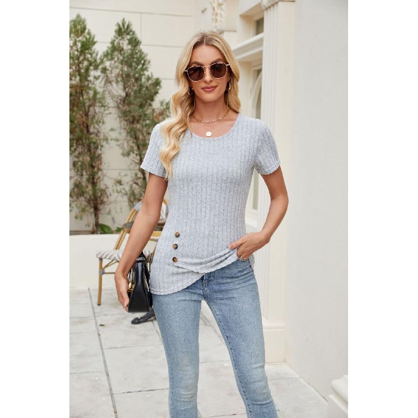 2026 Summer Women's Solid Color Round Neck T-Shirt Fashionable Buttoned Pleated Short Sleeve Top