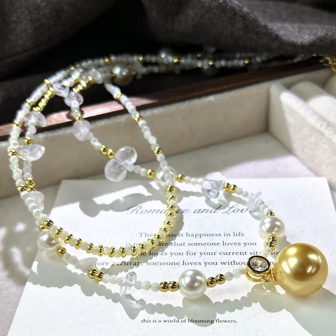 Vintage Strong Light High Quality Artificial Crystal Pearl Natural Shell White Crystal Double Necklace Collarbone Chain