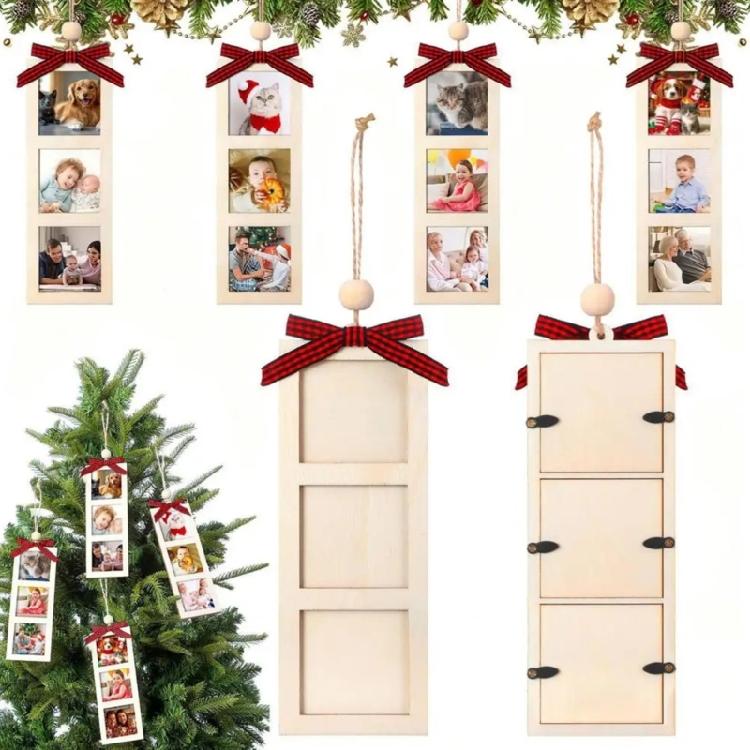 Wooden Picture Frames Christmas Tree Hanging Ornaments 6Pcs Memory Plaids Photo Strips with Bowknot For Festives Space