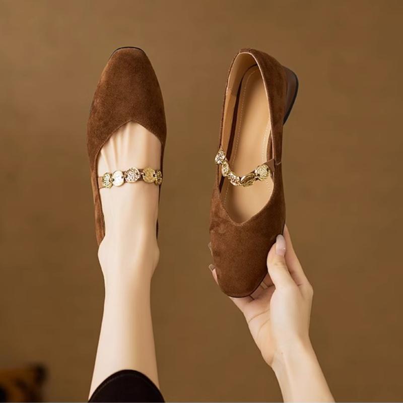 Retro Women Shoes Metal Heels Shallow Mouth Branded Pumps 2025 Mary Jane Sandals Ladies Metalic Latest Low Velvet Spring