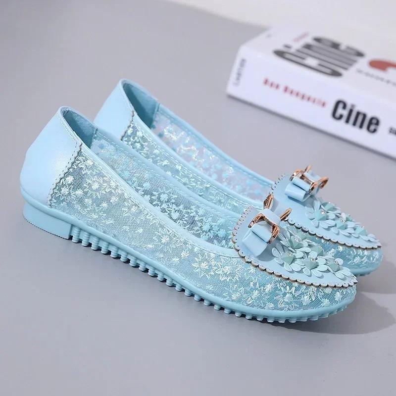 Modeschuhe für Damen 2024 Atmungsaktive Damen-Ballerinas Sommer Mesh Slipper Flache Schuhe Applikationen Schleife Weiche Sohle Slipper Damenschuhe