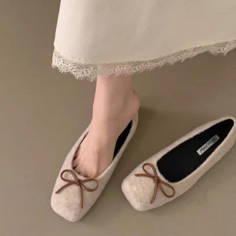 [Youshilai] Square head bow shallow mouth single shoes women's 2025 winter new elegant temperament versatile one pedal