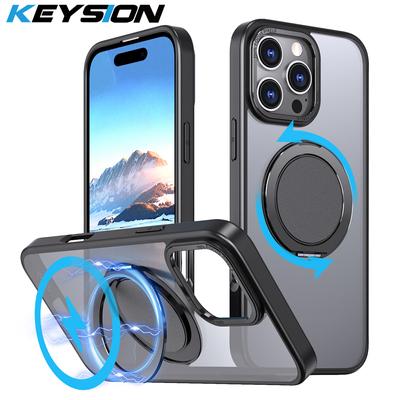 KEYSION Shockproof Matte Case for MagSafe for iPhone 16 Pro Max 360 ° Rotating Magnetic Ring Stand Transparent Phone Back Cover