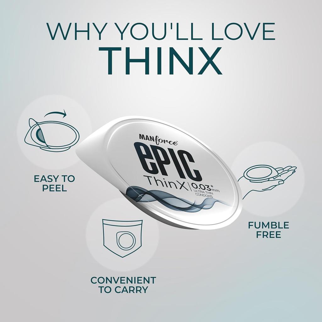 Manforce Epic Thinx Ultra Thin Condoms For Men 10 Count 0.03mm Vegan Easy Peel Pack Disposable Pouch Latex Safe