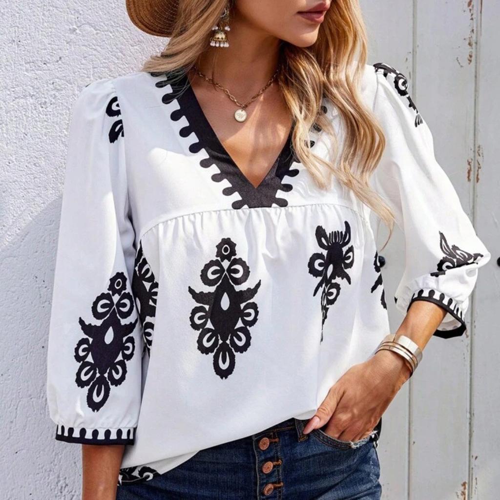 Women's Casual Loose And Fashionable V-Neck Printed Top, Fashionable Top Fashionable Top