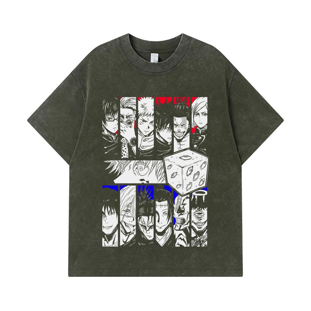 

275 GSM Washed T-shirts 100% Cotton Jujutsu Kaisen V39 Print Unisex Heavy Cotton T Shirt S армия зеленый