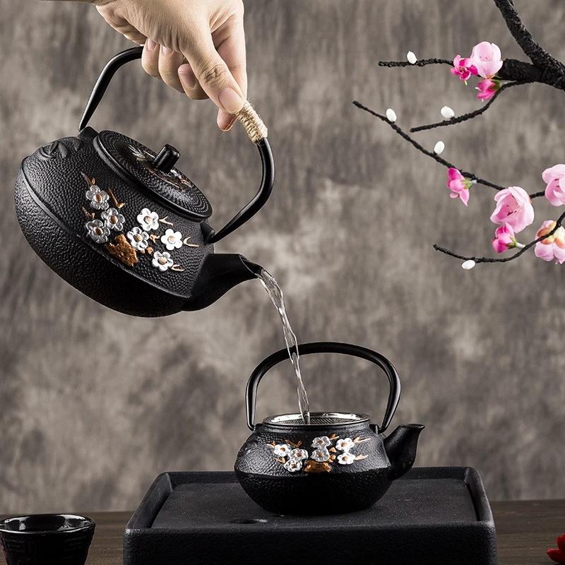 Japanese Tea Teapot Exquisite Plum and Bamboo Painted Series Cast Iron Kettle Boiling Water Set with Strainer Kettle Tea Pot