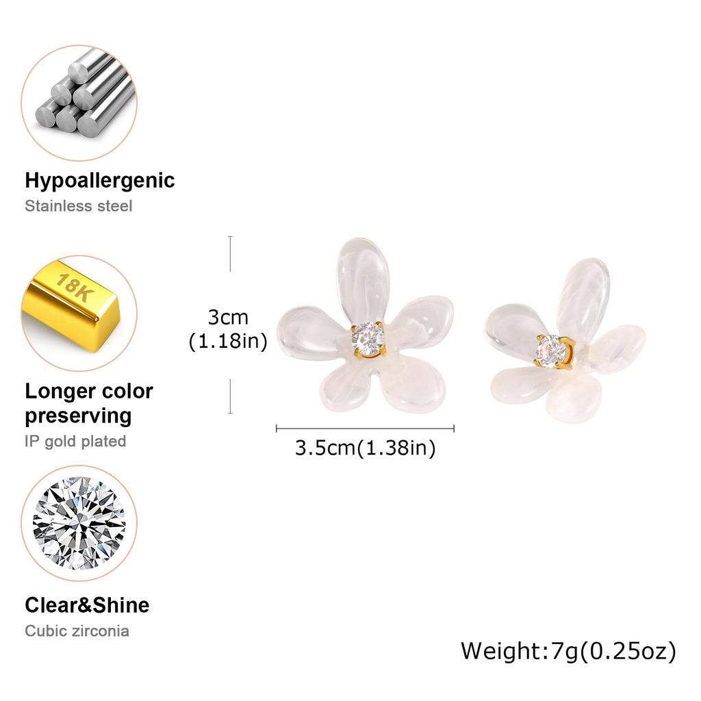 White Resin Flower Shape With Zircon Earrings for Women Stainless Steel Transparent Earrings Elegant Jewelry Gift