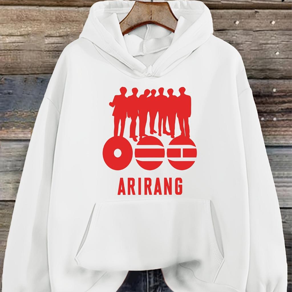 Hoodie Inspiriert von K-Pop für Unisex Y2K, Mit einer Retro-Grafik der 'ARIRANG' Gruppen-Silhouette, Langärmelig und Lässig, Perfekt für K-Pop-Fans