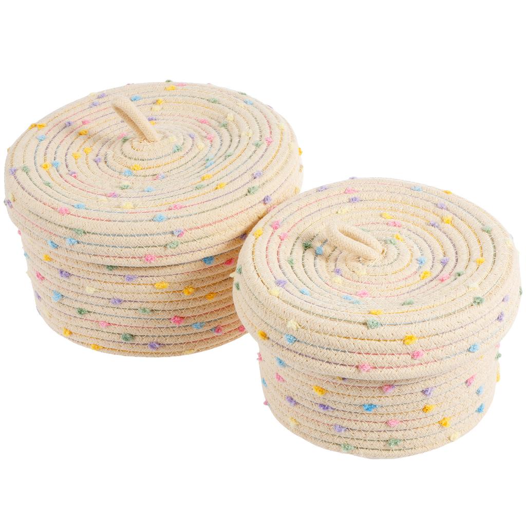 2Pcs Round Basket Cotton Rope Storage Basket with Lid Woven Multi-functional Storage Baskets Lidded Round Organizer Box for Home