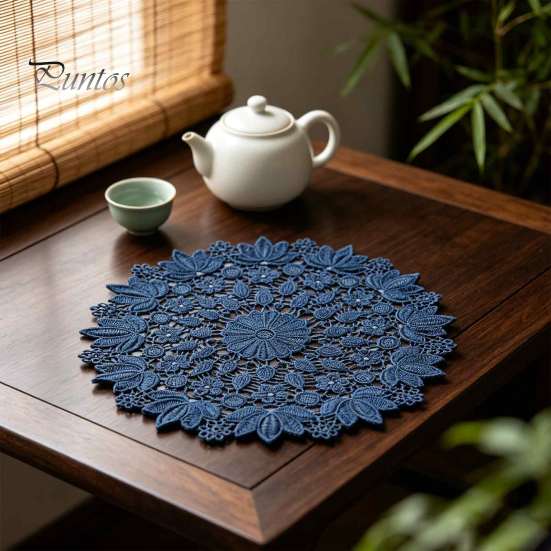 Tappetini Protettivi per Tavolo, Centrotavola Rotondo in Pizzo, Sottopiatto Floreale Blu Scuro, Tappetino in Tessuto Ricamato per Tavola, Resistente al Calore per Decorazione della Casa