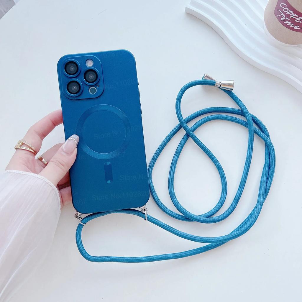 Fashion Magnetic Phone Case for IPhone 17 16 15 14 Plus 13 12 Pro Max with Crossbody Strap Shockproof Matte Lanyard Rope Cover
