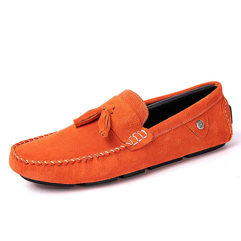 Summer Fashion Orange Loafer Shoes Men Casual Comfortable Suede Leather Shoes Men Low Slip-On Driving Shoes Men Flats Size 38-46
