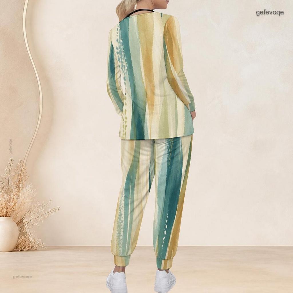 Women Plus Size Green Yellow Beige Printed Nurse Scrub Set V Neck Long Sleeve Top With Pockets Long Pants