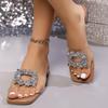 Fashion Luxury Crystal Buckle Decoration Transparent Pvc Straps Slippers Women 2025 Square Toe Low Heels Slides Sexy Beach Party Shoes