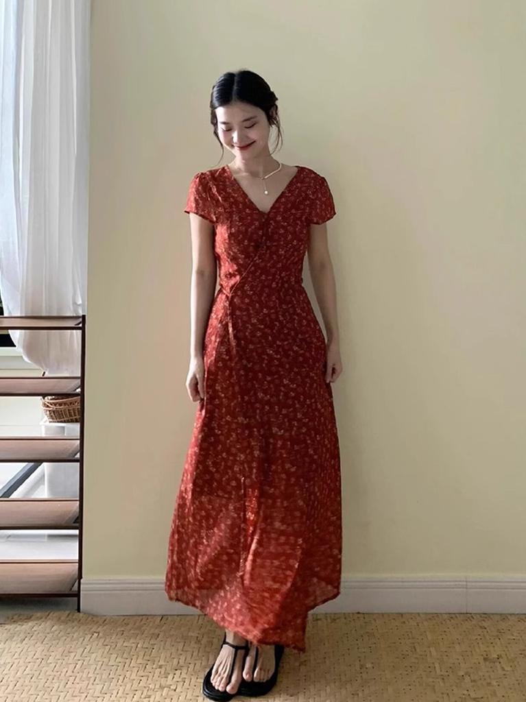Small Short Floral Dress Women's Summer Waist French Temperament Medium and Long Skirt Xs Shows Height
