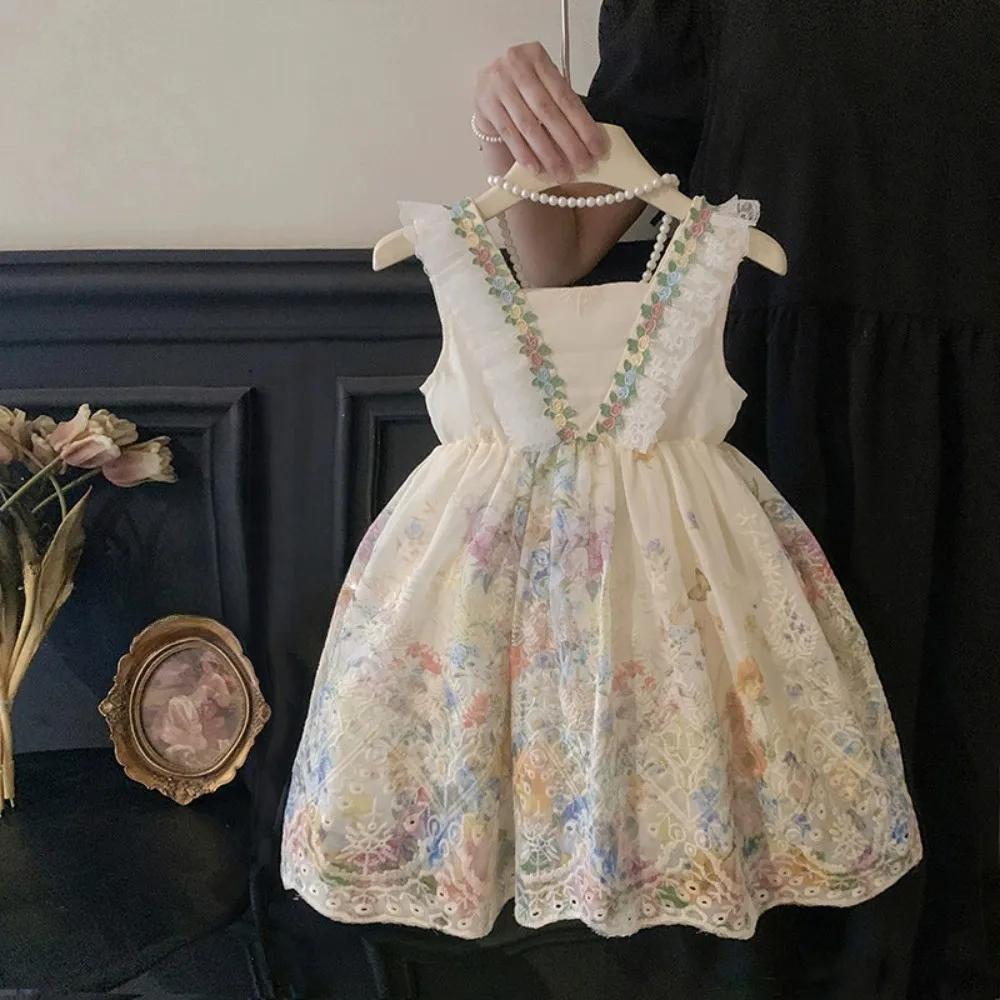 Korean Version Fashion 2-7Years Girl Print Lace Sleeveless Vest Princess Dresses Summer Beige Flower Kids Casual Clothes 2Y