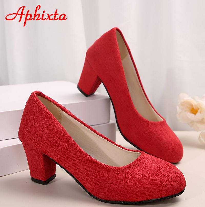 Fashion Aphixta Blue Leapard Red Round Toe 6cm High Chunky High Heels Flock Pumps Women Hot Sale Party Disco Dance Big Size 35-42
