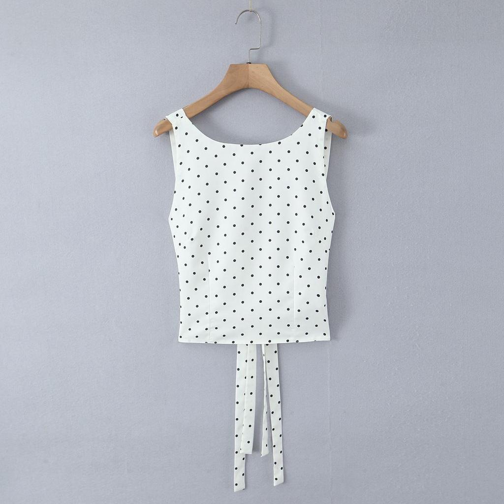 2026 Sweet Polka Dot 2-Piece Set: Slim Fit Backless Crop Top & Low-Waist A-Line Mini Skirt