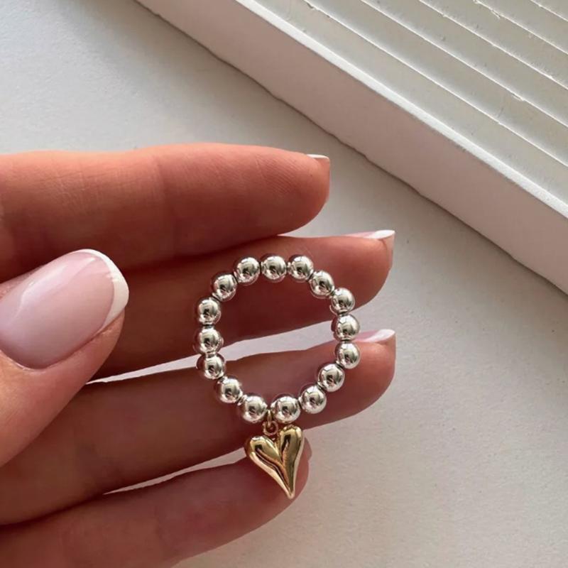 Vintage Love Heart Pendant Rings for Women Round Bead Rings Jewelry Gifts