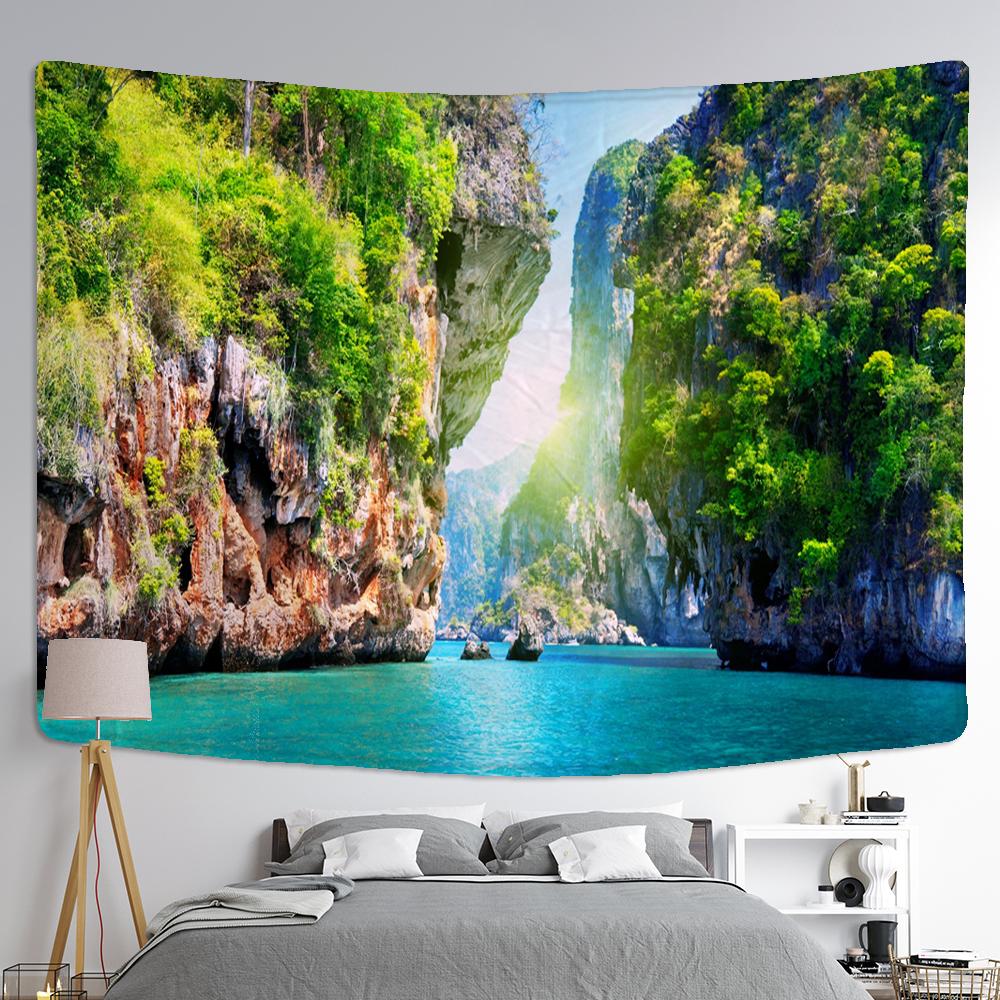 Mountain And Stone Tapestry Wall Hanging Natural Scenery Sailboat Bohemian Hippie Table Mat Bedroom Home Decor