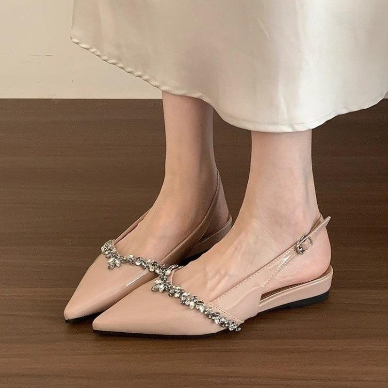 

Fashion Patent Leather Pointed Toe Rhinestone Baotou Sandals Women s New Soft Sole Shallow Mouth Back Empty Single Shoes 40