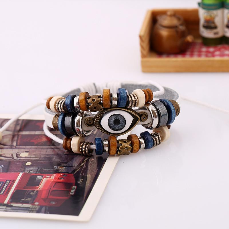 1pcs Couple Pull Adjustable Bracelet, Beaded Eye Leather Bracelet, Cowhide Handmade Jewelry