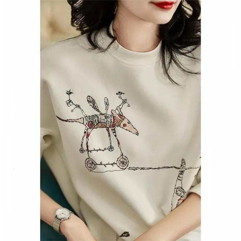 Casual Chic Hoodie Female O Neck Long Sleeve Loose Pullover Tops Women Korean Fashion Funny Embroidery Cotton Sweatshirt Simple