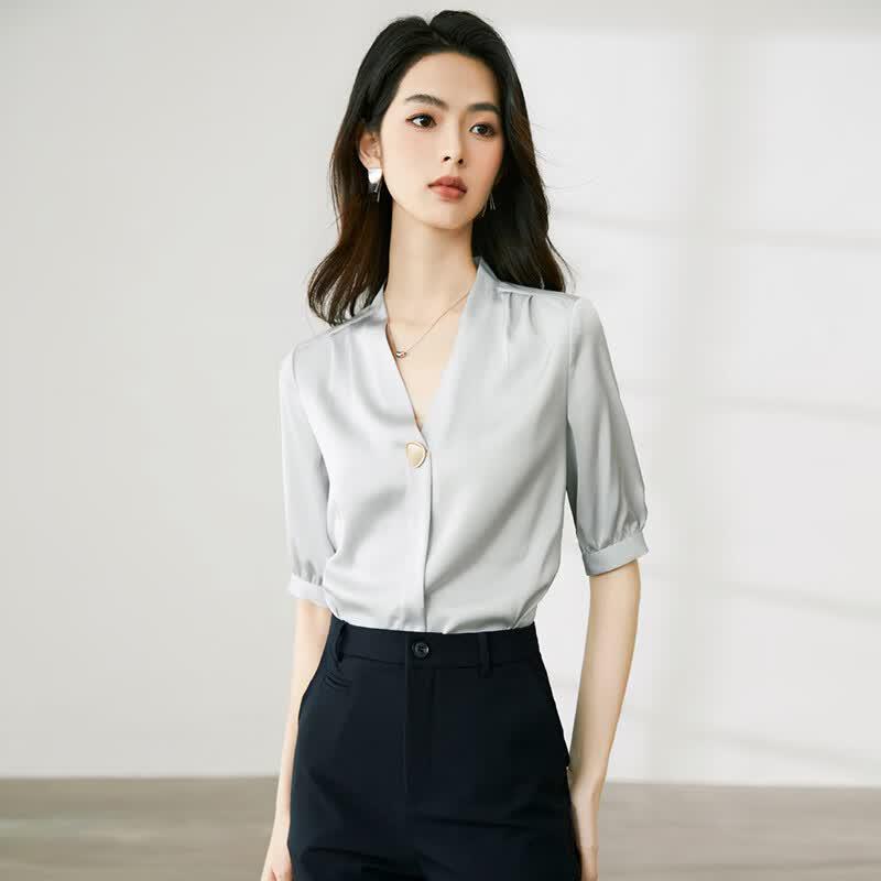 Women s Elegant V-Neck Satin Blouse M серый