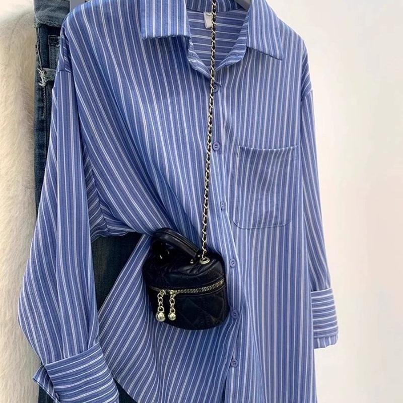 

Ladies Blue Striped Shirts Korean Style Loose Pocket Lapel Long Sleeved Shirt Summer Casual Woman s Sunscreen Cardigan Tops XL