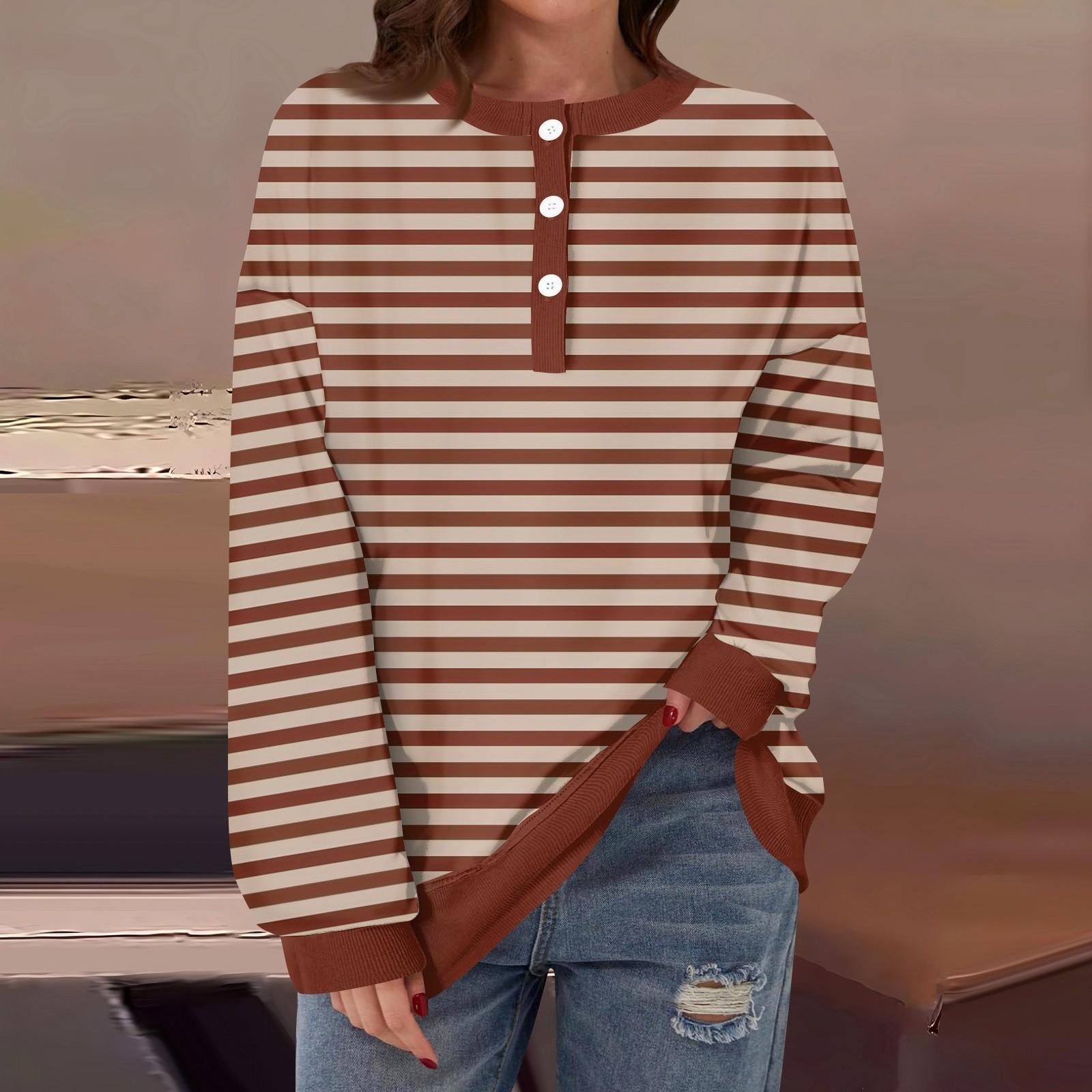 

Женская повседневная мода удобная полосатая футболка с длинным рукавом и круглым вырезом на пуговицах, свободный подол с боковыми разрезами L коричневый